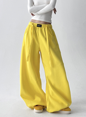 裤子女2025新款百搭显瘦卫裤女时尚休闲直筒阔腿裤黄色休闲裤