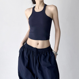 2026新款美式辣妹运动白色工字吊带背心女圆领短款修身打底上衣