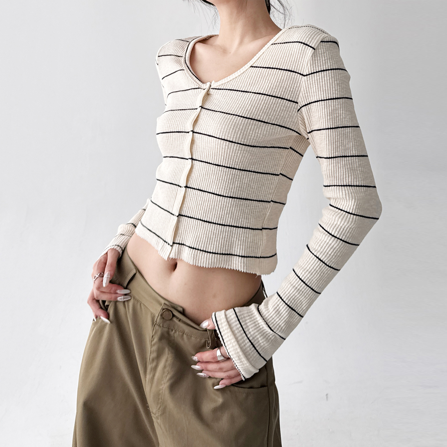 2025秋冬新款条纹长袖开衫外套短款上衣辣妹修身显瘦百搭打底衫