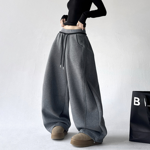 阔腿弯刀裤 设计两穿别致加绒加厚卫裤 女2025冬季 韩版 新款 休闲时尚