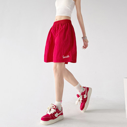 超好看运动短裤女2026夏季新款高腰宽松红色休闲裤凉感时尚百搭裤