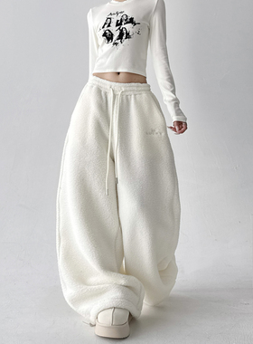 加绒加厚羊羔绒2025冬季新款摇粒绒休闲宽松保暖休闲运动加长裤子