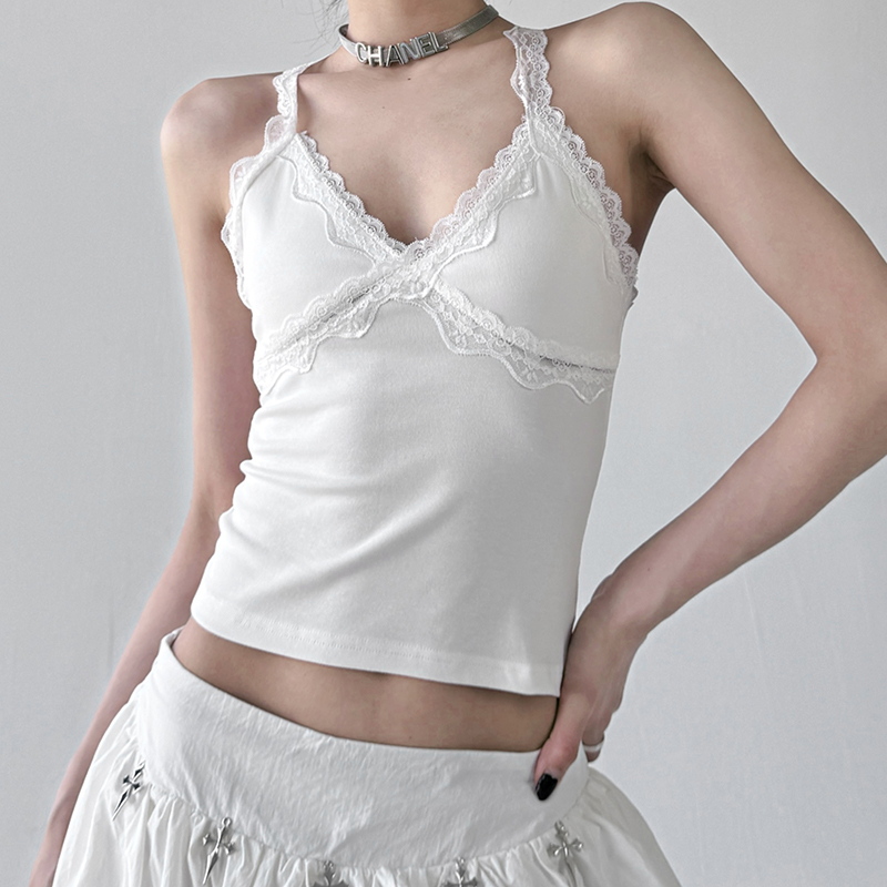 2025夏装新款吊带女超好看设计感蕾丝花边无痕美背V领纯欲风背心