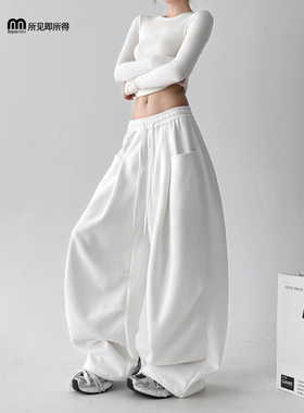 2025秋装新款白色工装裤女抽绳设计感简约休闲裤宽松阔腿裤hiphop