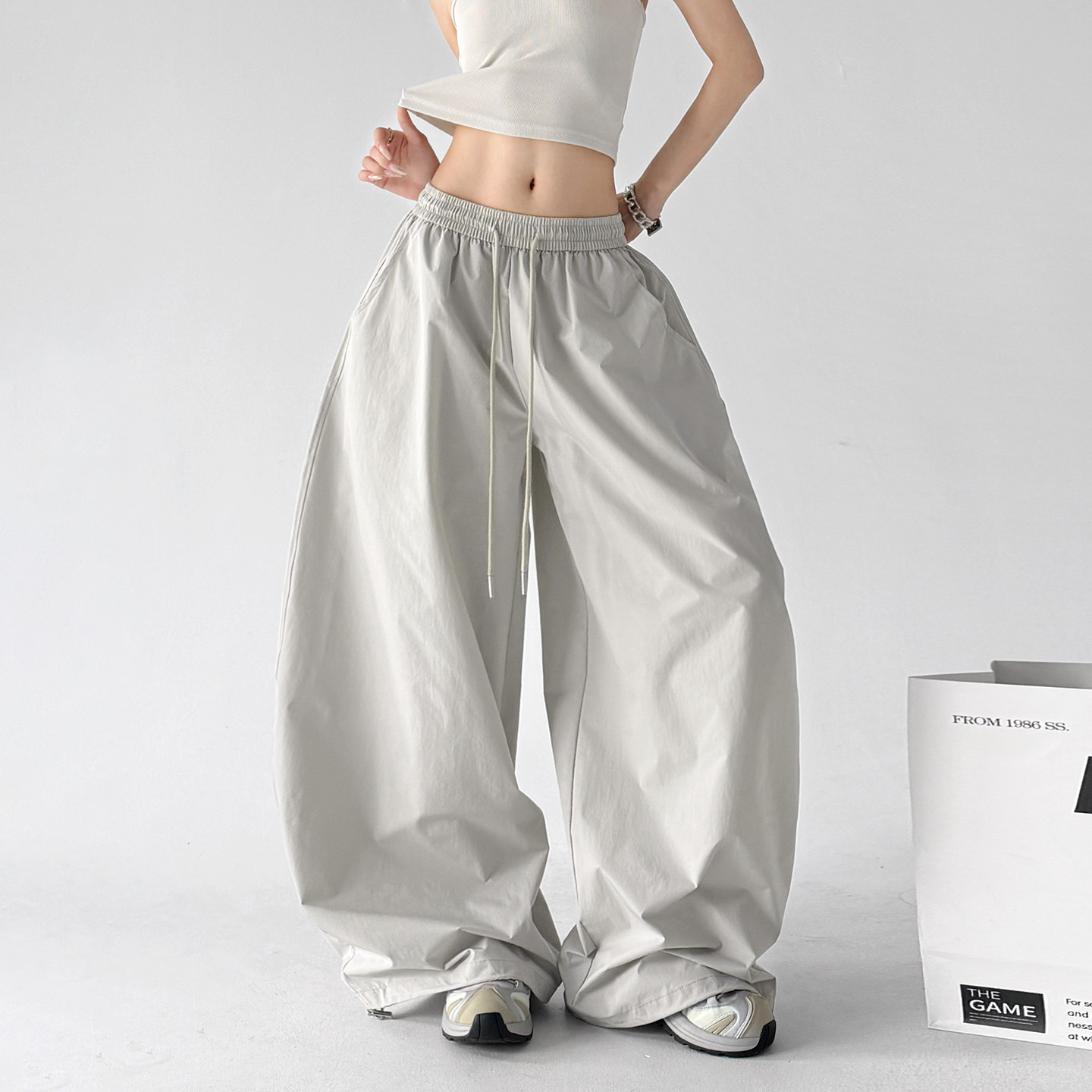 韩系穿搭高腰户外登山裤女2026夏装新款宽松休闲裤米白色运动裤子