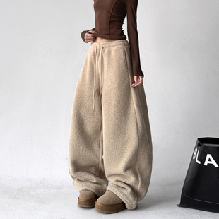 羊羔绒卫裤女2025冬季新款高腰加绒加厚摇粒绒休闲直筒阔腿裤