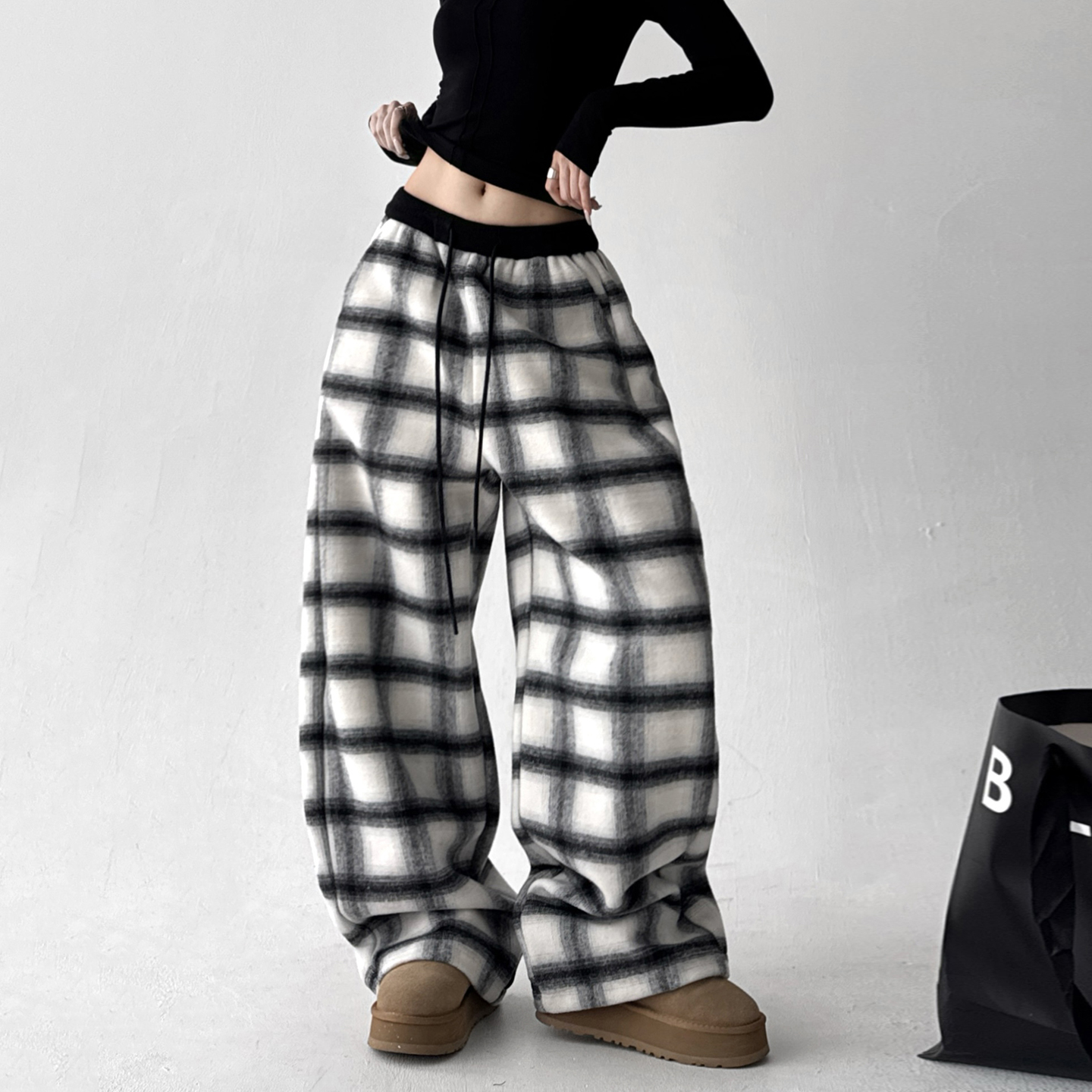 2025秋冬新款美式复古格子直筒裤女宽松垂坠感潮流百搭休闲长裤子