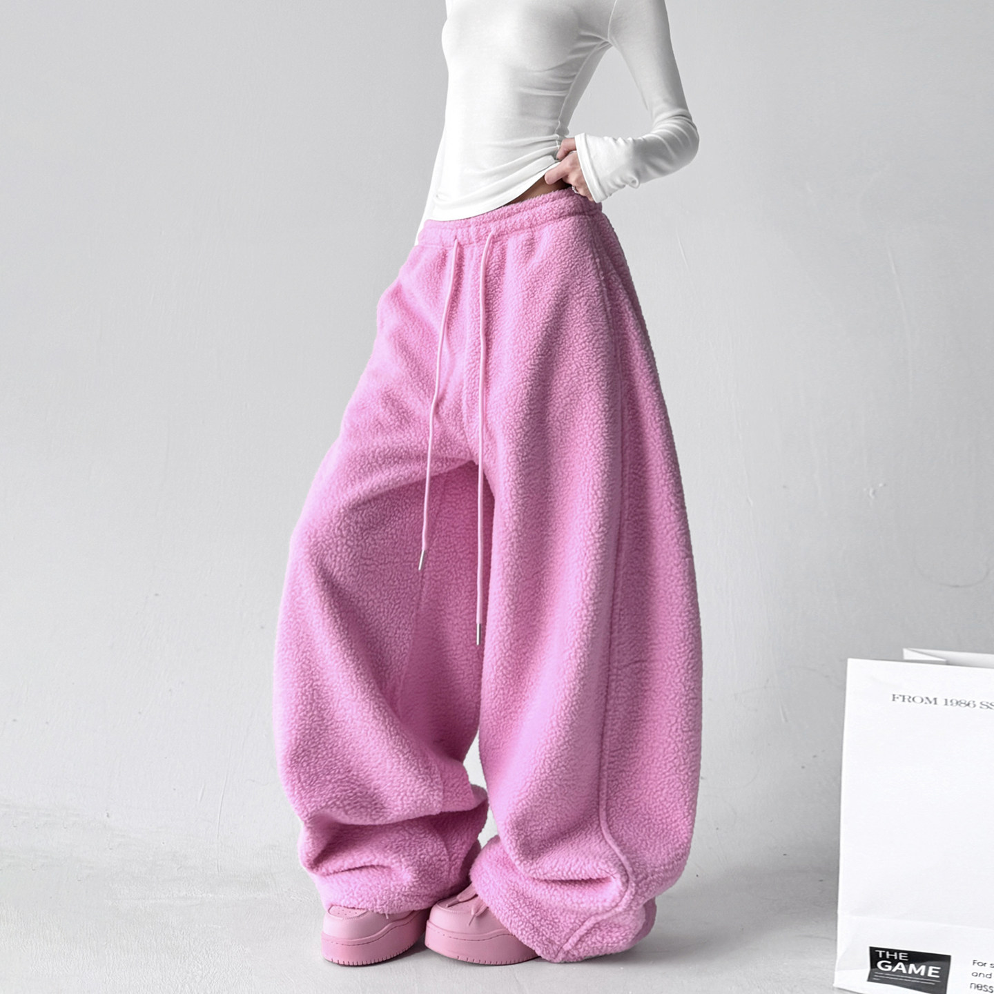 多巴胺粉色摇粒绒运动裤女2025秋冬加绒加厚高级感宽松阔腿束脚裤,女装/女士精品,休闲裤,淘宝优惠券,粉丝福利购,淘宝优惠卷