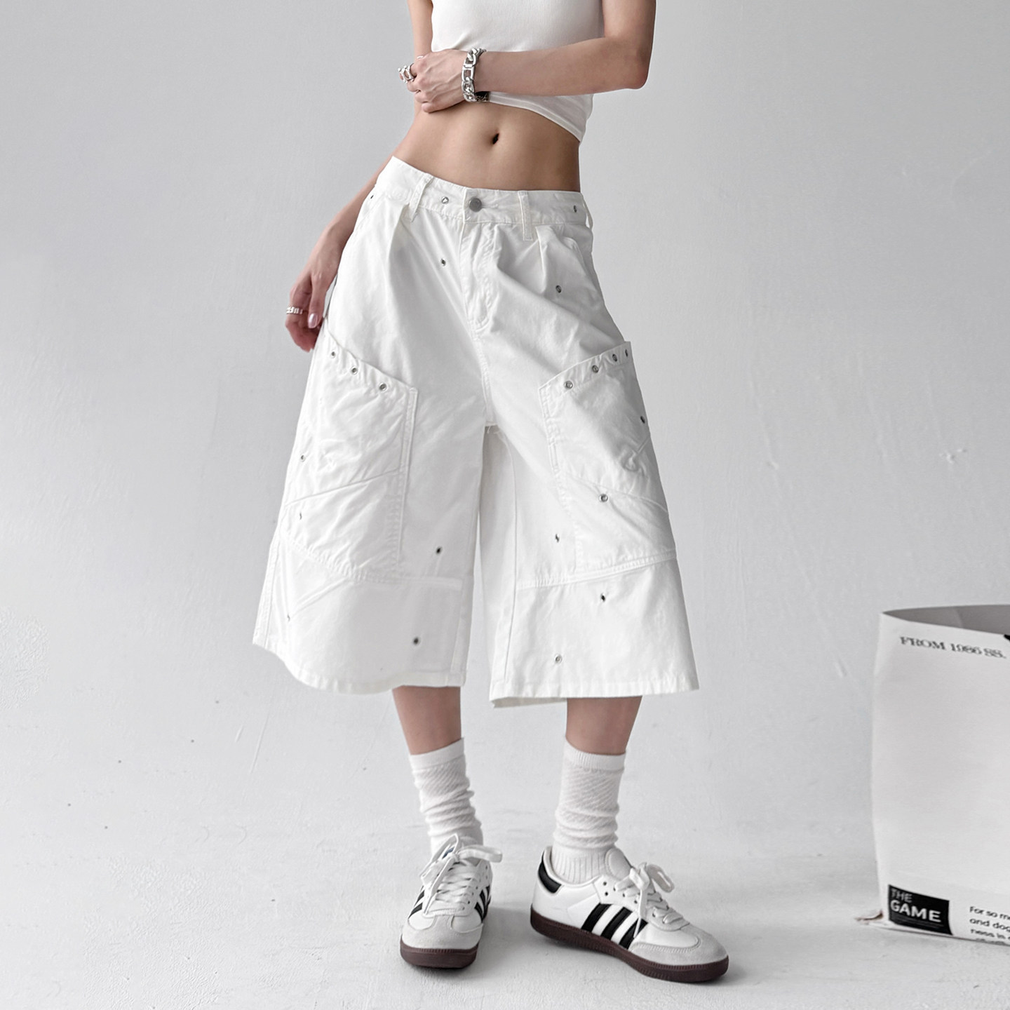 2025夏季新款美式复古泼墨工装裤女宽松高腰显瘦阔腿休闲七分裤子,女装/女士精品,牛仔裤,淘宝优惠券,粉丝福利购,淘宝优惠卷