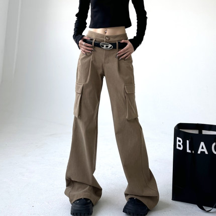 工装喇叭裤女2023秋冬季加厚加绒休闲裤高腰宽松灯芯绒微喇裤子