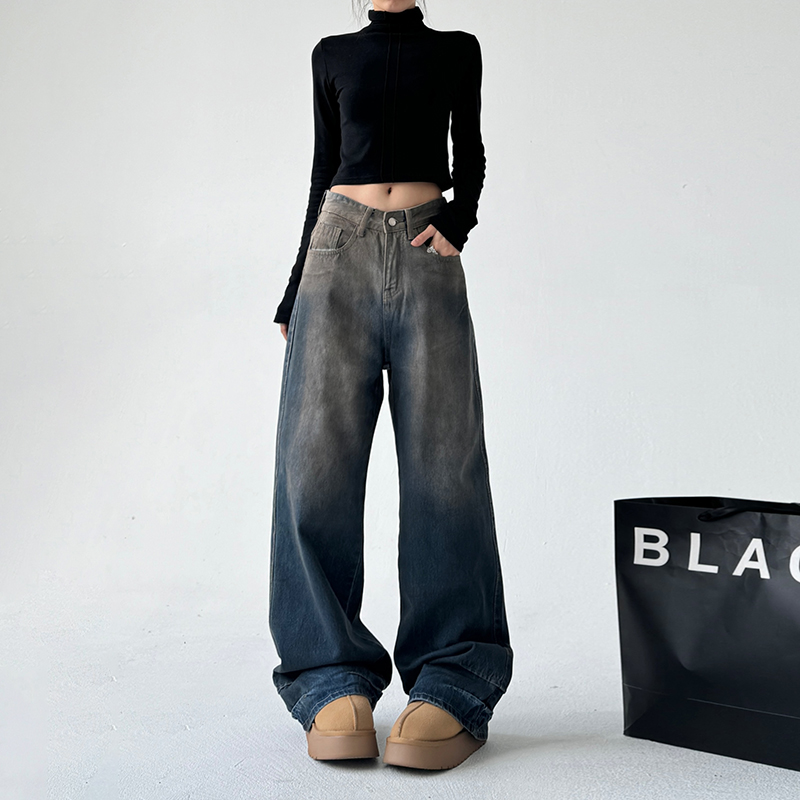 做旧高腰阔腿宽松直筒裤