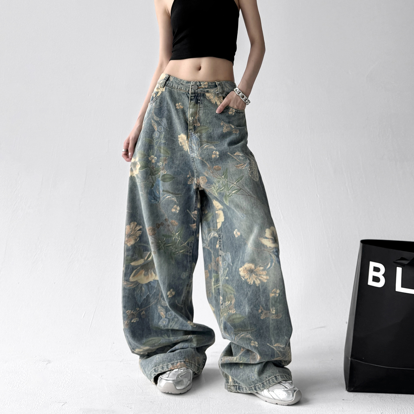 2025新品实拍美式复古辣妹洗水做旧花花牛仔裤高级感长裤阔腿裤子