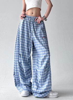 蓝色格子休闲运动裤子宽松bf慵懒风2025新款美式拖地微喇阔腿长裤