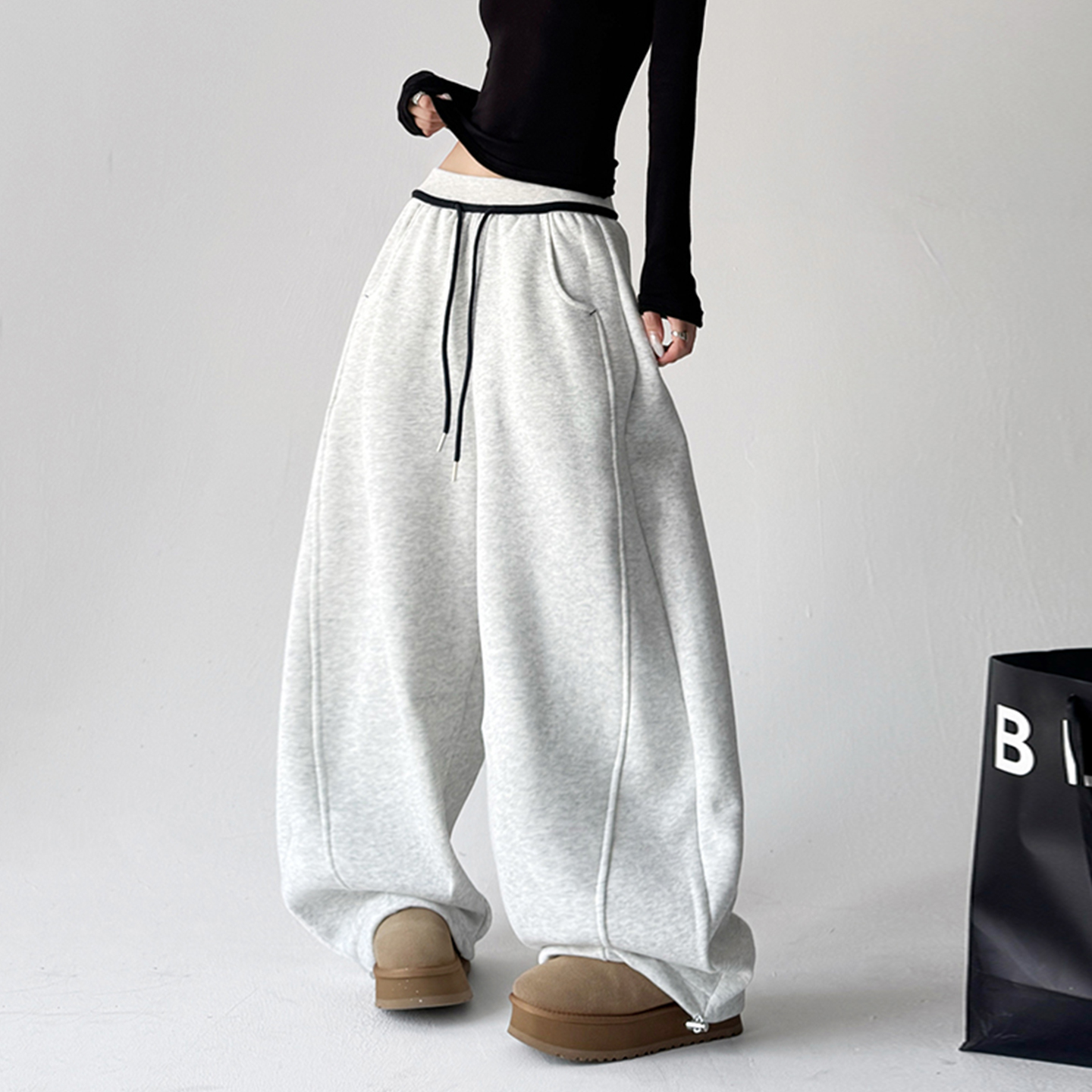 高级感撞色拼直筒卫裤女2025冬季新款宽松显瘦高腰加绒加厚阔腿裤