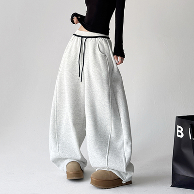 高级感撞色拼直筒卫裤女2025冬季新款宽松显瘦高腰加绒加厚阔腿裤