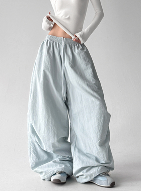 2025冬季新款滑雪裤女装爆款蓝色高腰宽松加绒慵懒风阔腿裤休闲裤