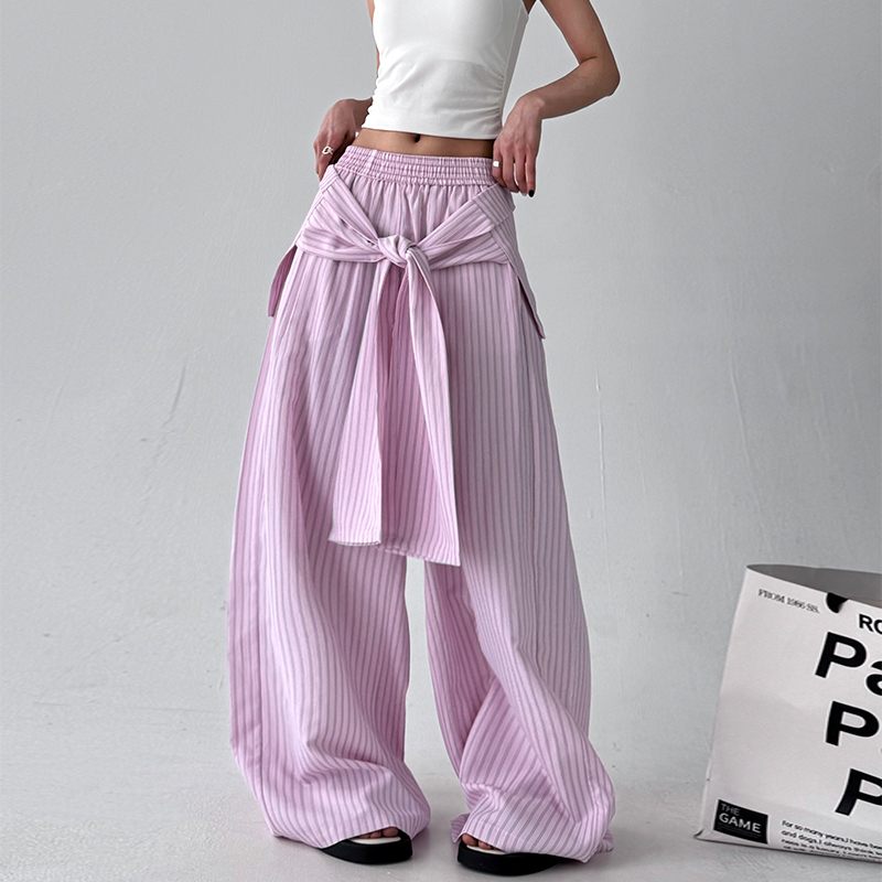 木昱子条纹休闲裤女新款美式假两件绑带裤子宽松直筒跳舞拖地裤
