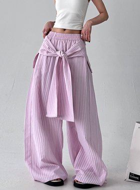 木昱子条纹休闲裤女新款美式假两件绑带裤子宽松直筒跳舞拖地裤