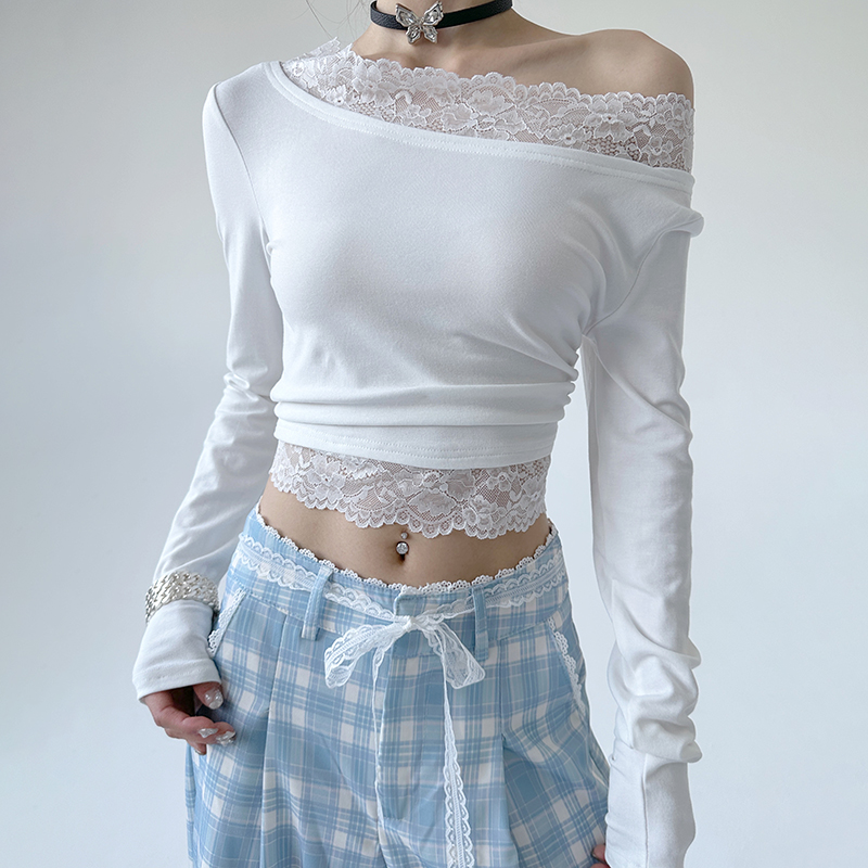 秋拼接斜领修身长袖T恤