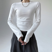复古紧身上衣棉质内搭长袖 基础款 T恤 女秋季 美式 纯白色修身 打底衫