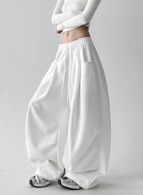 2025秋冬新款白色工装裤女抽绳设计感简约休闲裤宽松阔腿裤hiphop