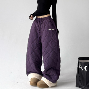 加厚保暖宽松显瘦抽绳休闲长裤 日系绗缝夹棉阔腿裤 女冬季