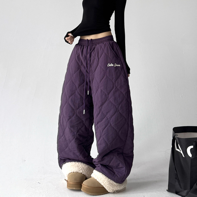 日系绗缝夹棉阔腿裤女冬季加厚保暖宽松显瘦抽绳休闲长裤