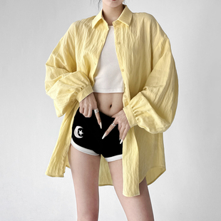 巨好看黄长袖衬衫女2026春夏新款度假穿搭高级感宽松防晒衬衣外套