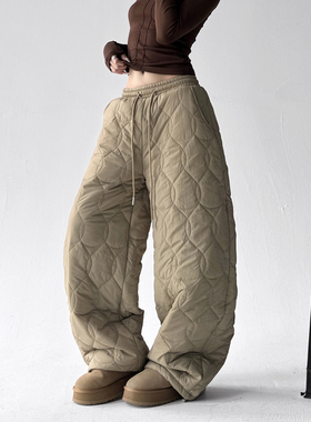 2025冬装新款加棉裤女宽松军绿色高级感女装爆款直筒休闲阔腿裤子