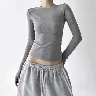 新款 女2025年春秋季 高级感内搭长袖 T恤冬季 经典 打底衫 灰色打底衫