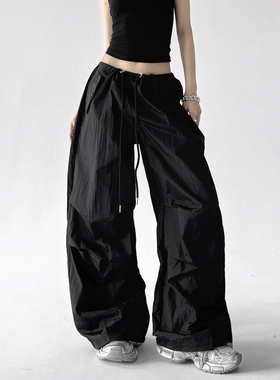 黑色户外工装裤女2026春季新款网红爆款阔腿裤宽松伞兵裤子休闲裤