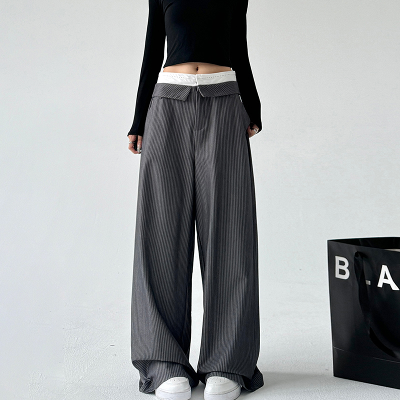 卷边西裤直筒长裤条纹