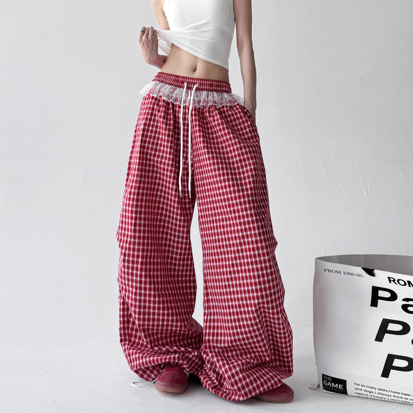 2025夏季新款女装格子休闲裤女高腰显瘦宽松直筒百搭长裤子阔腿裤