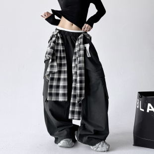 结构撞色百搭长裤 美式 新款 女2026年夏季 复古格子腰带弯刀休闲裤