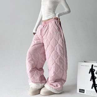 新款 别致棉裤 阔腿裤 冬季 子 女高级感加厚保暖宽松长裤 粉色2025冬季