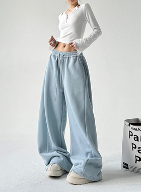 蓝色香蕉卫裤女2025秋冬新款高个子加长裤阔腿弯刀爆款加绒运动裤