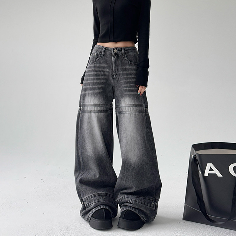 灰色美式水洗做旧牛仔裤女2026冬季新款加绒嘻哈宽松显瘦阔腿裤