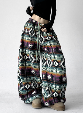 费尔岛条纹阔腿裤女2025冬季新款加厚直筒裤别致漂亮民族风休闲裤