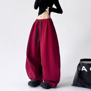 直筒阔腿运动裤 宽松慵懒加厚休闲裤 女2025冬季 撞色抽绳加绒卫裤