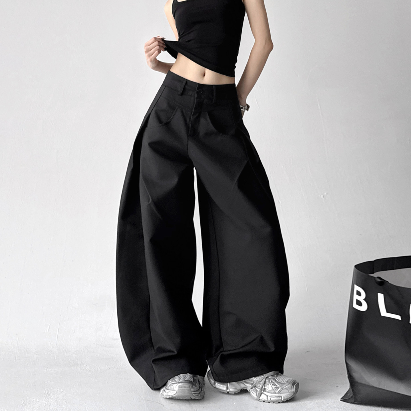 黑色高腰阔腿裤女2026夏季新款黑色宽松百搭休闲裤高腰显瘦西装裤,女装/女士精品,休闲裤,淘宝优惠券,粉丝福利购,淘宝优惠卷
