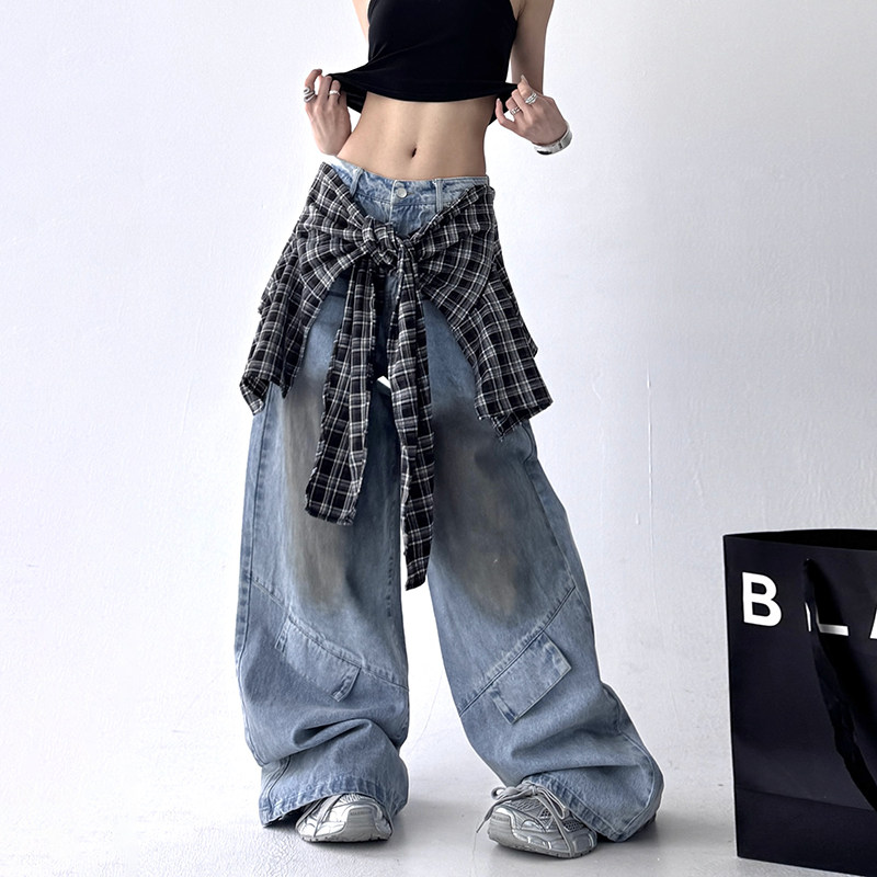 2025春夏新款真两件拆卸格子屁帘工装复古牛仔裤宽松显瘦阔腿裤女,女装/女士精品,牛仔裤,淘宝优惠券,粉丝福利购,淘宝优惠卷