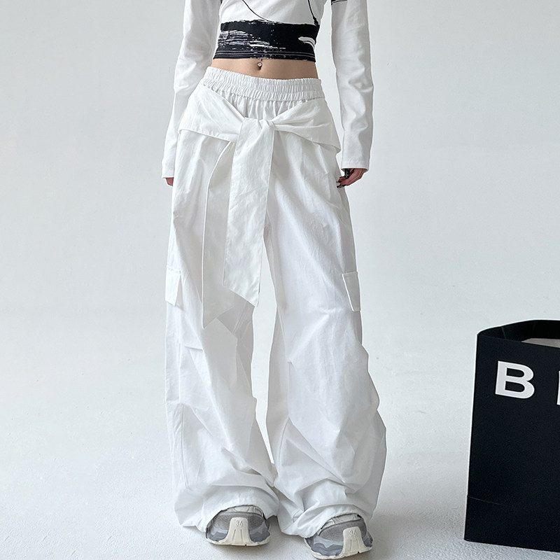 白色松紧腰工装休闲裤女2025秋季新款运动风裤子宽松阔腿拖地长裤,女装/女士精品,休闲裤,淘宝优惠券,粉丝福利购,淘宝优惠卷