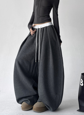2025冬季简约运动风撞色双腰头抽绳休闲裤女灰色宽松直筒阔腿裤