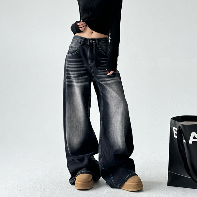 复古水洗做旧直筒牛仔裤女2024冬季新款加绒高腰显瘦阔腿拖地裤子,女装/女士精品,牛仔裤,淘宝优惠券,粉丝福利购,淘宝优惠卷