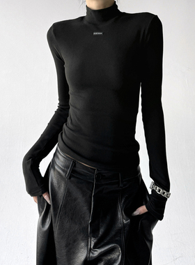 黑色半高领长袖T恤女2025秋冬装新款修身打底衫高级感辣妹上衣