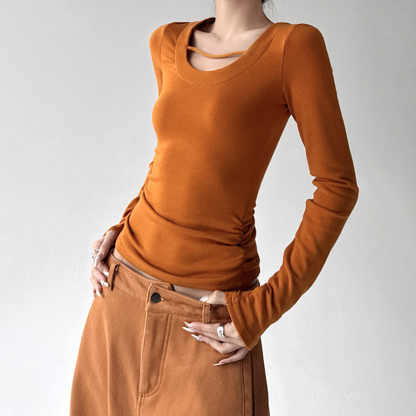 韩版秋冬季新款打底衫女20205纯欲U领修身漂亮显瘦T恤收加绒上衣