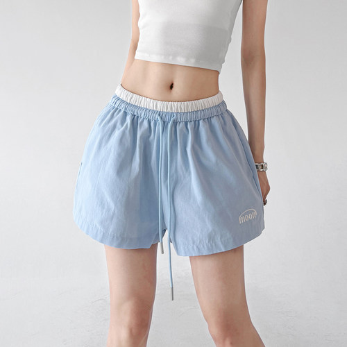 蓝色松紧腰抽绳短裤女2026夏装新款百搭显瘦学生休闲裤宽松运动裤