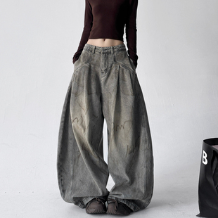 女宽松显瘦百搭高个子直筒阔腿长裤 字母涂鸦牛仔裤 子 冬季 2025新款