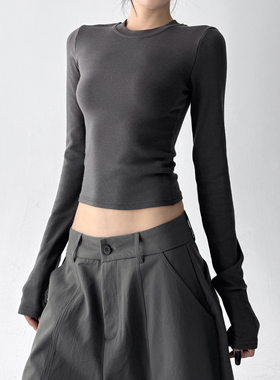 深灰色长袖T恤女2025春秋季新款修身显瘦百搭高级感打底衫上衣潮