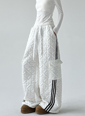 今年流行的棉裤女2025冬季新款夹棉松紧腰阔腿休闲裤新款白色裤子